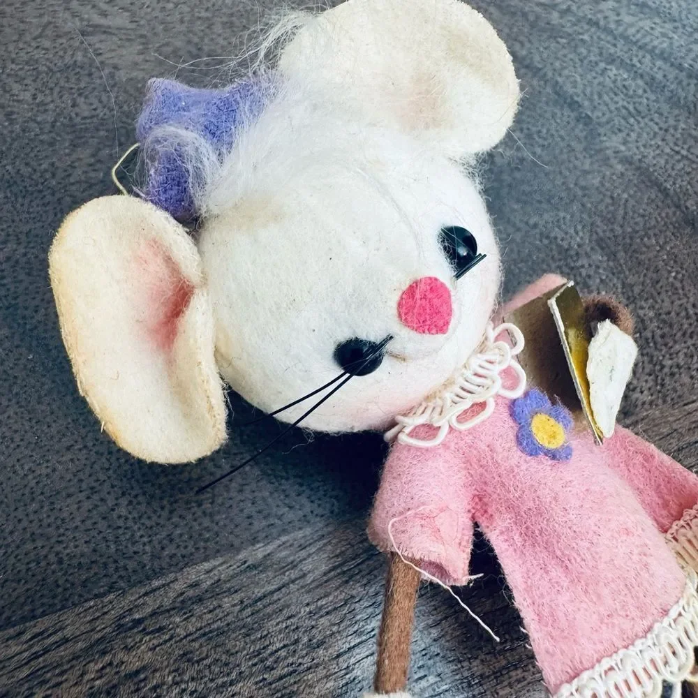 Adorable Vintage Pink and White Mouse Plush Ornament Figurine